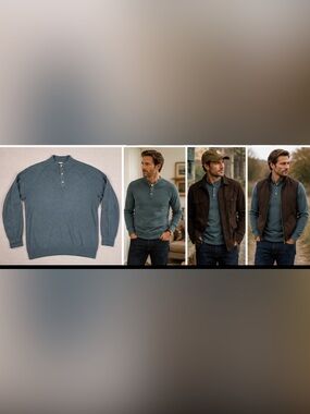 Peter Millar Men's Heathered Green Henley Cardigan Sweater